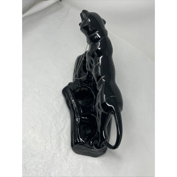 50s Mid Century Ceramic Black Panther Planter with Green Rhinestone Eyes & Chain - Picture 15 of 16